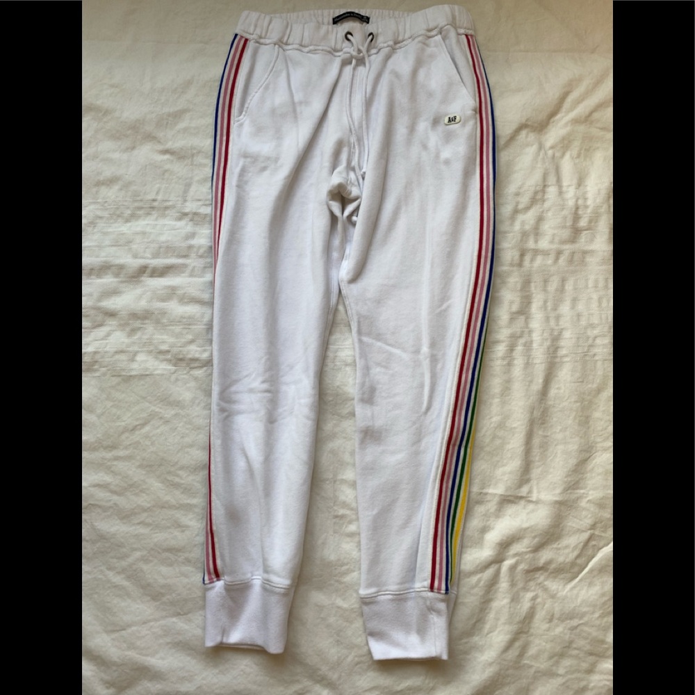 Abercrombie & Fitch white joggers with multi coloured stripes. Size Medium W